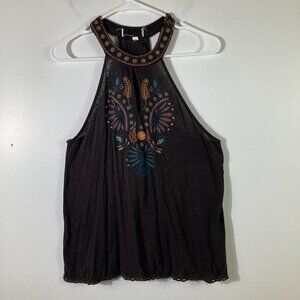Womens Boho Embroidered Linen Blend Halter Top Button Neck Brown Green‎ Orange S